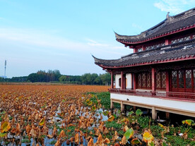 秋天荷塘中式古建筑