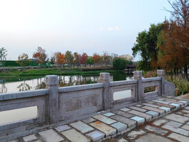 秋天湿地湖边石板桥北府港桥