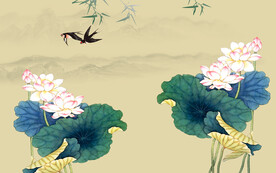 水墨山水简约花鸟背景客厅装饰画