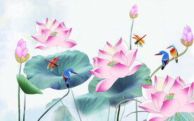 水墨山水简约花鸟背景客厅装饰画