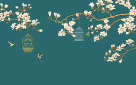 水墨山水简约花鸟背景客厅装饰画