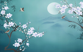 水墨山水简约花鸟背景客厅装饰画