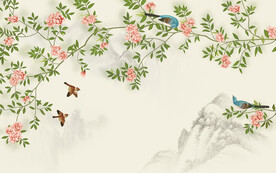 水墨山水简约花鸟背景客厅装饰画