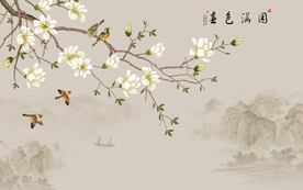 水墨山水简约花鸟背景客厅装饰画