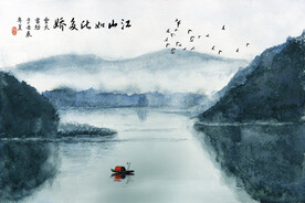 水墨山水简约花鸟背景客厅装饰画