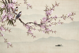 水墨山水简约花鸟背景客厅装饰画