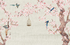 水墨山水简约花鸟背景客厅装饰画