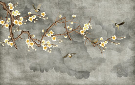 水墨山水简约花鸟背景客厅装饰画