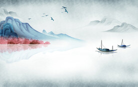 水墨山水简约花鸟客厅装饰画