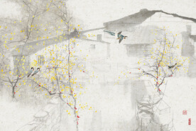 水墨山水简约花鸟背景客厅装饰画