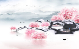 水墨山水简约花鸟背景客厅装饰画