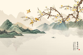 水墨山水简约花鸟背景客厅装饰画