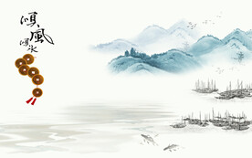 水墨山水简约花鸟背景客厅装饰画