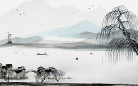 水墨山水简约花鸟背景客厅装饰画