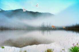 水墨山水简约花鸟背景客厅装饰画