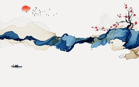 水墨山水简约花鸟背景客厅装饰画