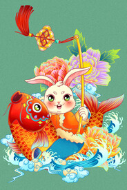 新年兔子锦鲤插画