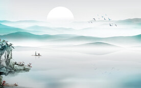 水墨山水简约花鸟背景客厅装饰画