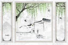 水墨山水简约花鸟背景客厅装饰画