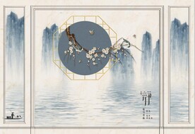 水墨山水简约花鸟背景客厅装饰画