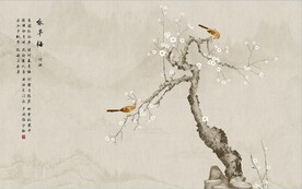 水墨山水简约花鸟背景客厅装饰画
