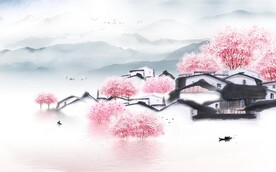 水墨山水简约花鸟背景客厅装饰画