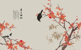 水墨山水简约花鸟背景客厅装饰画