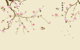 水墨山水简约花鸟背景客厅装饰画