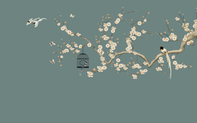 水墨山水简约花鸟背景客厅装饰画