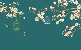 水墨山水简约花鸟背景客厅装饰画