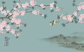 水墨山水简约花鸟背景客厅装饰画