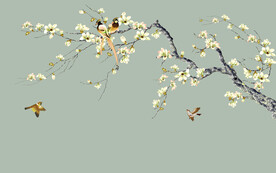 水墨山水简约花鸟背景客厅装饰画