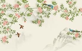 水墨山水简约花鸟背景客厅装饰画