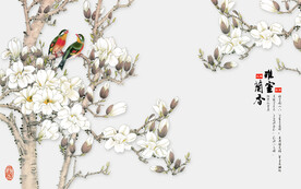 水墨山水简约花鸟背景客厅装饰画