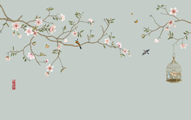 水墨山水简约花鸟背景客厅装饰画