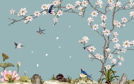 水墨山水简约花鸟背景客厅装饰画