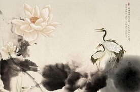 水墨山水简约花鸟背景客厅装饰画