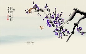 水墨山水简约花鸟背景客厅装饰画