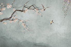 水墨山水简约花鸟背景客厅装饰画