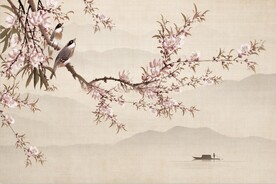 水墨山水简约花鸟背景客厅装饰画