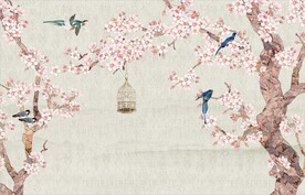 水墨山水简约花鸟背景客厅装饰画