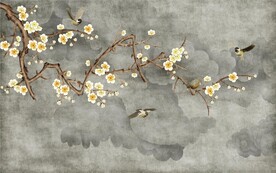 水墨山水简约花鸟背景客厅装饰画