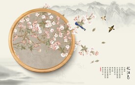 水墨山水简约花鸟背景客厅装饰画