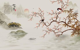 水墨山水简约花鸟背景客厅装饰画