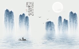 水墨山水简约花鸟背景客厅装饰画