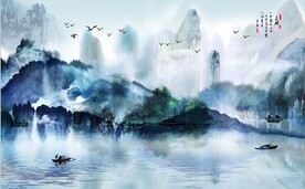 水墨山水简约花鸟背景客厅装饰画