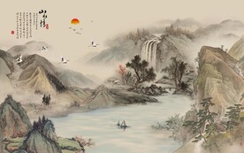 水墨山水简约花鸟背景客厅装饰画