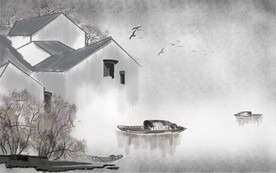 水墨山水简约花鸟背景客厅装饰画