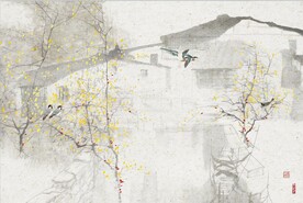 水墨山水简约花鸟背景客厅装饰画