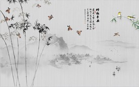 水墨山水简约花鸟背景客厅装饰画